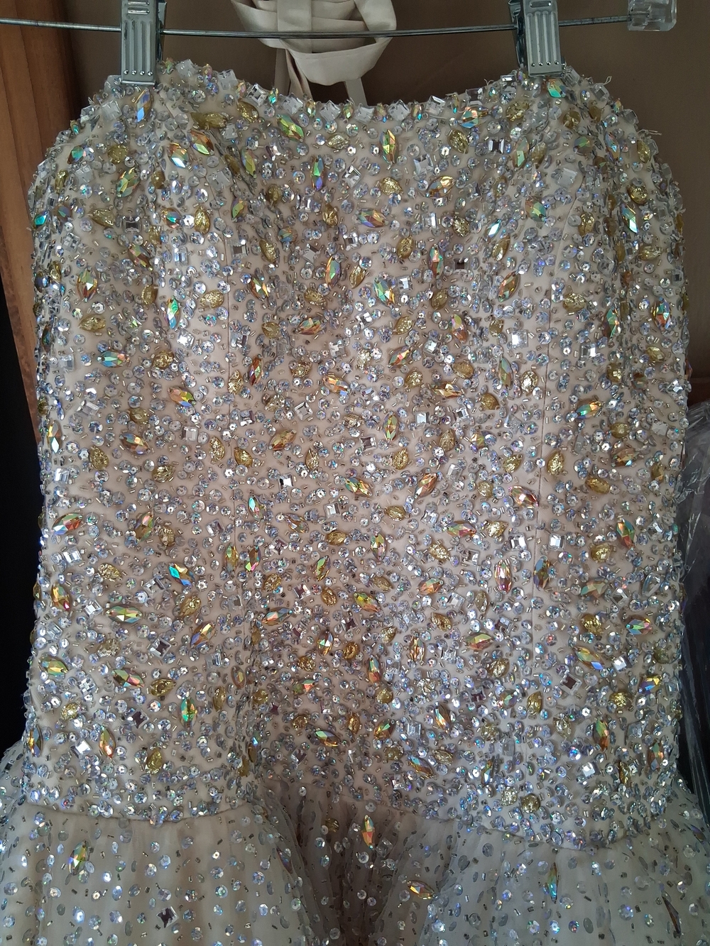 Champagne Beaded Strapless Prom Dress